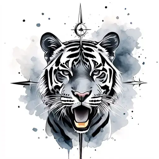 Watercolor Tattoo For Women Showing Tiger And Compass