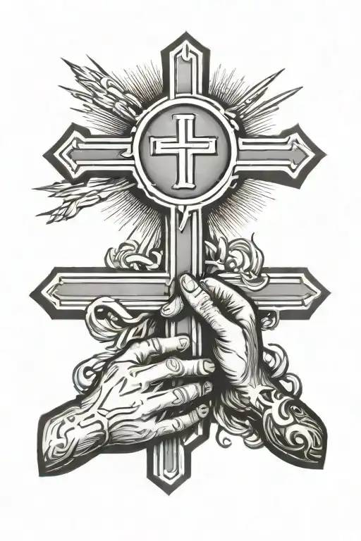 Cross With Hands Praying And Sun Shining