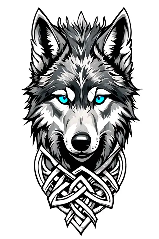 Wolf With Blue Eyes On Armor Tattoo Design Featuring Celtic Trinity Knot