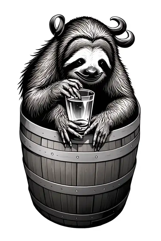 Realistic Sloth On A Whiskey Barrel Drinking From A Rock Glass