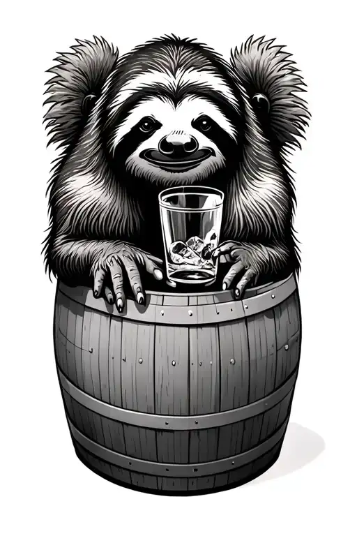 Realistic Sloth On A Whiskey Barrel Drinking From A Rock Glass