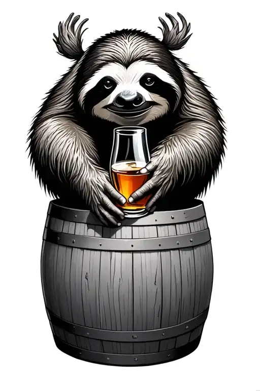 Realistic Sloth On A Whiskey Barrel Drinking From A Rock Glass