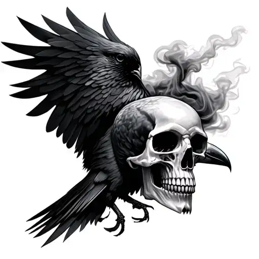 Raven Merged With A Skull And Smoke Realism Skull As The Chest Of The Raven