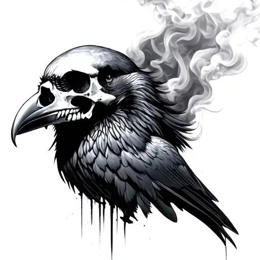 Raven Merged With A Skull And Smoke Realism Skull As The Chest Of The Raven