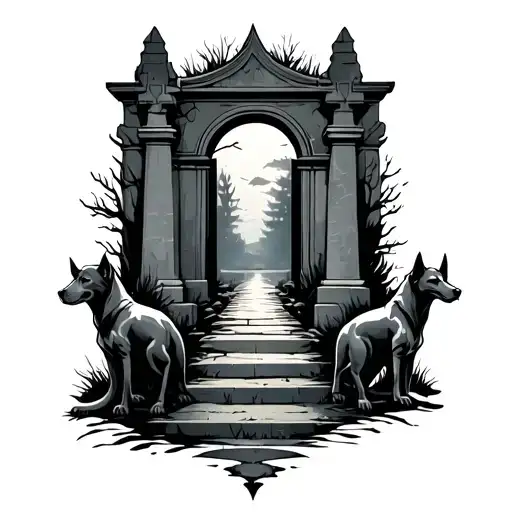 A Hauntingly Beautiful Tattoo Design Of A Graveyard At Night With Hell Hounds Guarding The Entrance