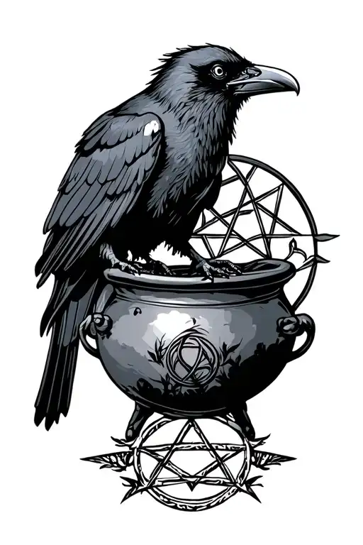 Witch Cauldron Pentagram Raven Intertwined Symbolizing