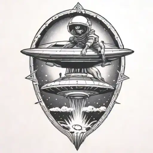 A Dog And Woman Being Lifted Up Into A Ufo Hovering
