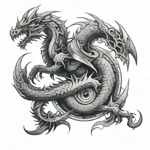 Red Water Dragoon Tattoo Around The Upper Thigh Circular