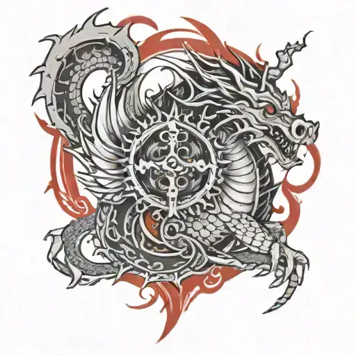 Red Water Dragoon Tattoo Around The Upper Thigh Circular