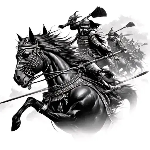 Samurai Face With Mask And Battle Of Samurai On Horses