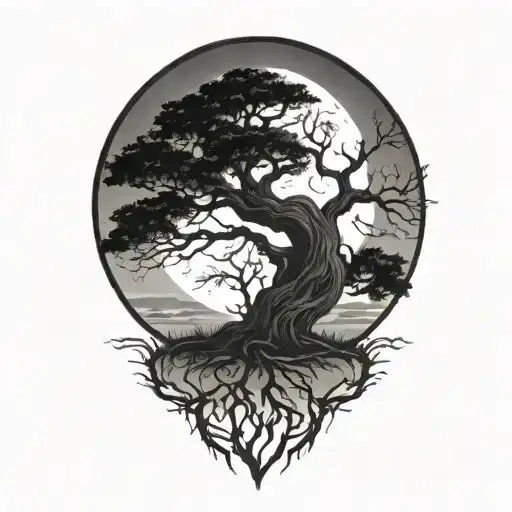 Moonrise Behind Silhouette Of A Gnarly Old Tree