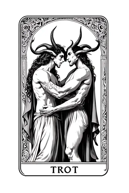 Occult Tarot Card With Horned Demon Holding Each Other
