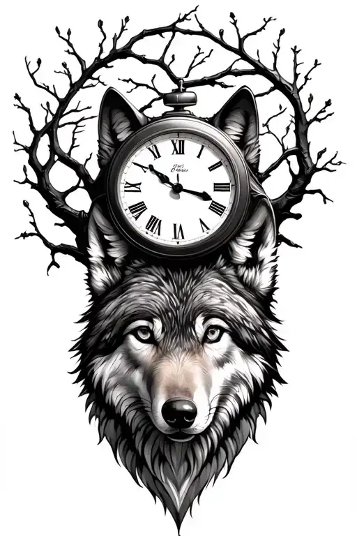 Wolf With A Clock And Family Tree Branch