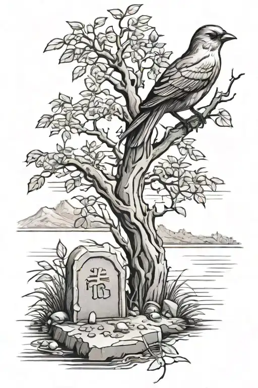 A Bird On A Grave Next To A River With A Medlar Tree