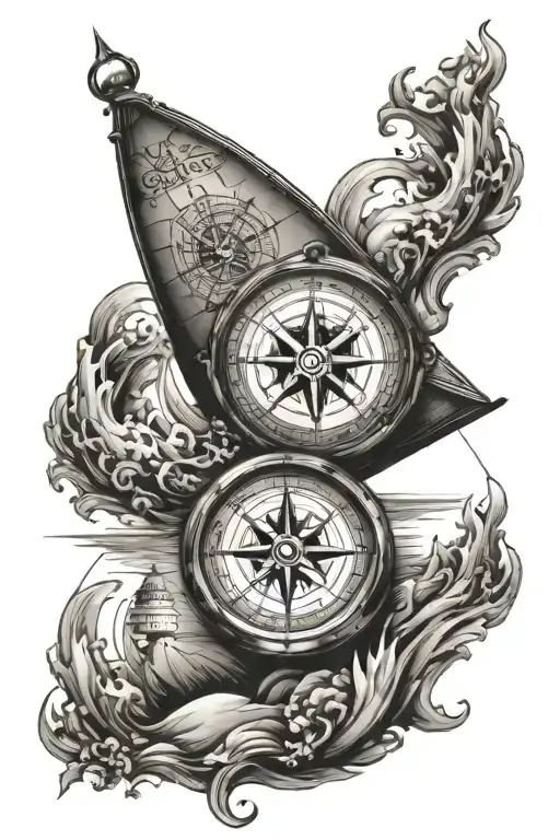 Compass And Sea And Boat Sailing