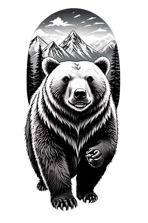 Mountain And Wilderness Scene Inspired And Bear Standing