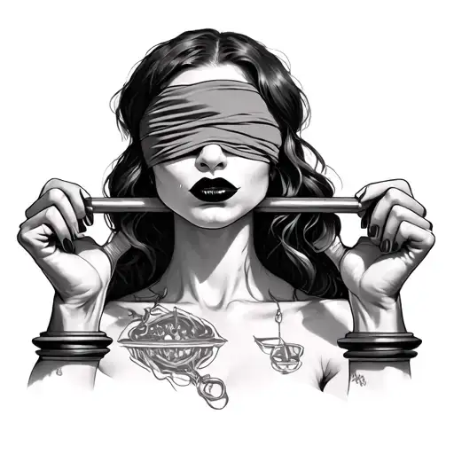 A Blindfolded Woman With Stitched Lips Holding Up An Old Weight Balance