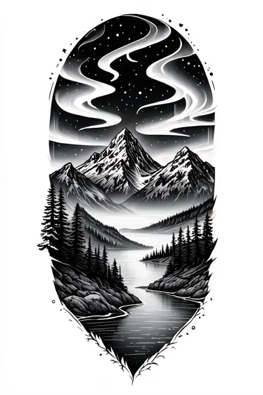 Mountain And Wilderness Scene Inspired And Aurora Borealis