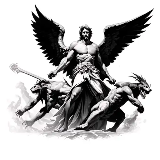 Archangel Michael Fighting Demons In Realistic And Graphic Way Stencil Style