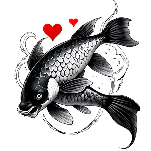 Cyber Sigalism Inspired Tattoo Design Featuring Koi Fish And Hearts