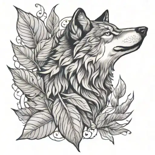 Wolf Face With Large Leaf Background