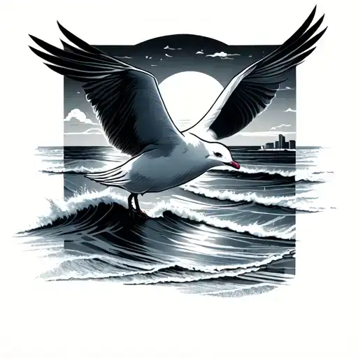 Segull Sea Waves And Beach Sunset Skyline