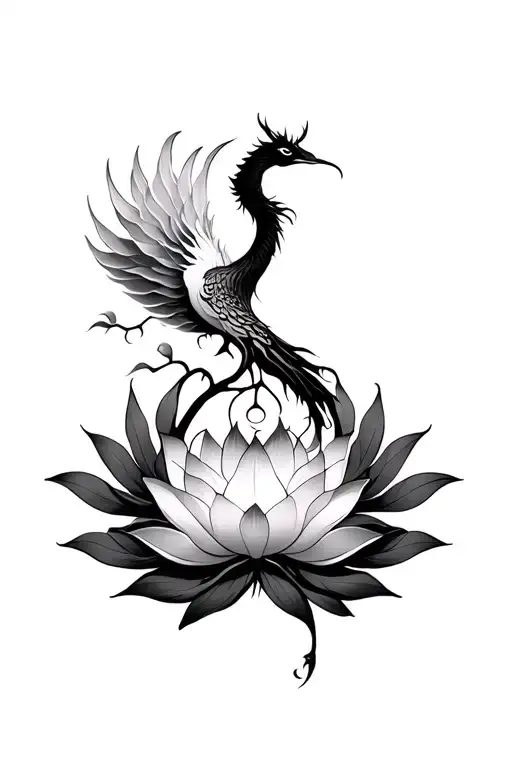 Oriental Lotus Flower Phoenix And Tree Of Life Vertical On The Belly