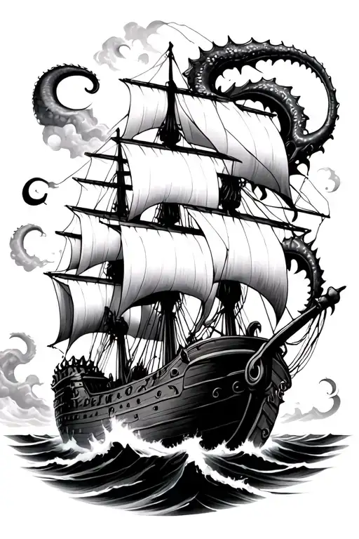 Kraken Attacking Pirate Ship Sailing Through Stormy