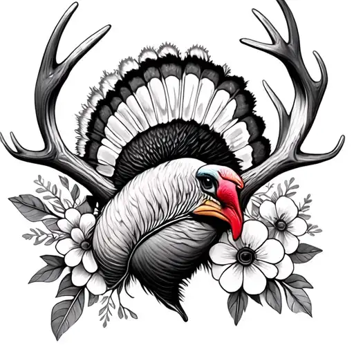 Deer Antler With Turkey Feather And Flowers