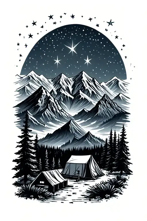 Camping Scene With Mountains And Stars Shining