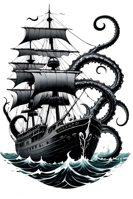 Kraken Attacking From Below Ship In The Water