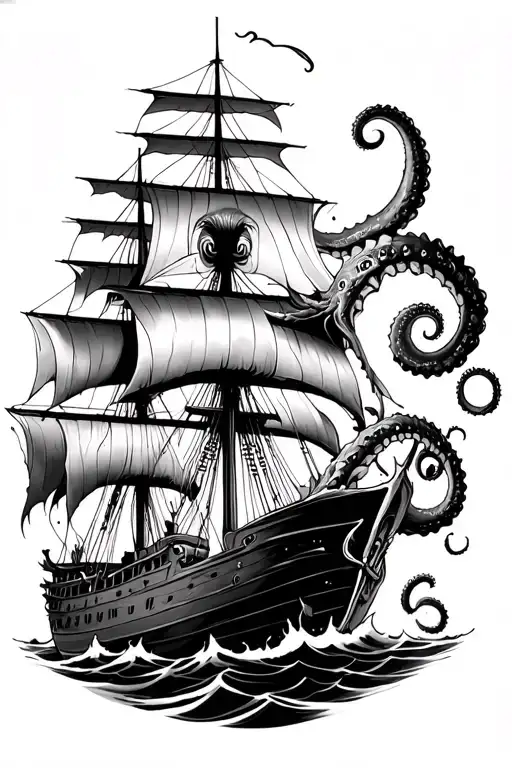 Kraken Attacking From Below Ship In The Water