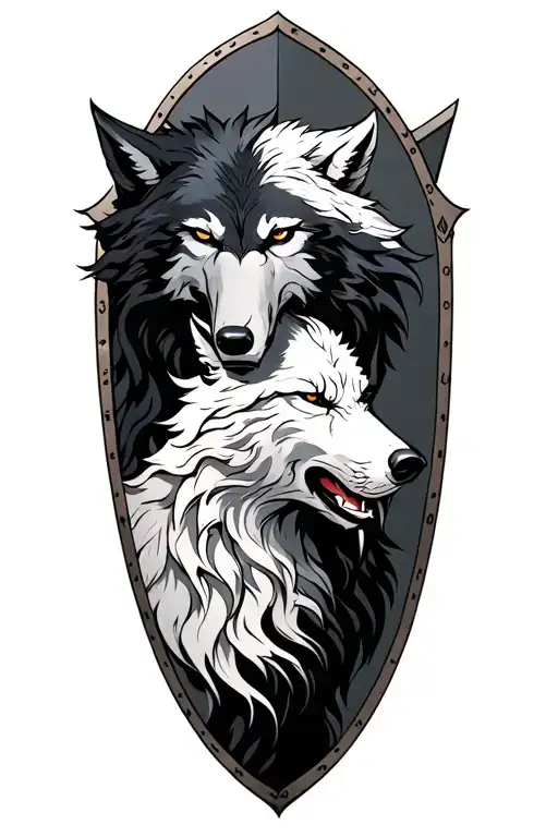 Medieval Shoulder Armor With A White Wolf Fighting A Black Wolf Painted On It
