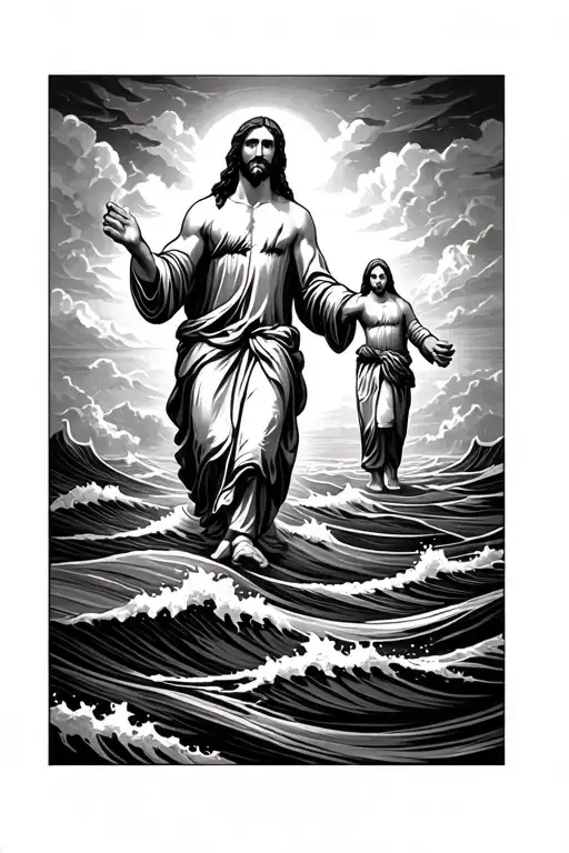 Jesus Christ Walking Hand In Hand Over Water Waves And The Word Family