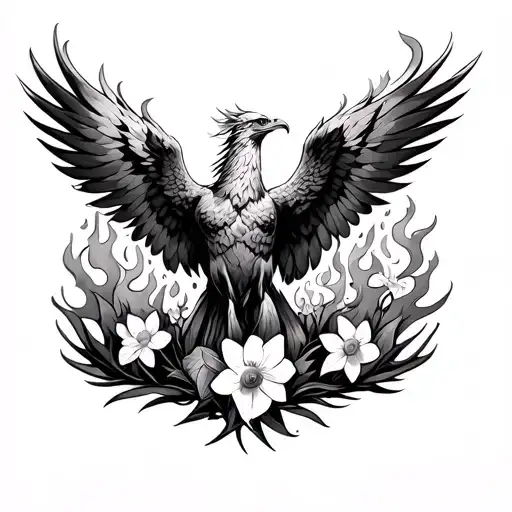 Phoenix Engulfed In Flames Surrounded By Daffodils