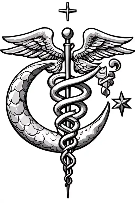 Medical Caduceus Hermes Staff Crescent Moon And A Star
