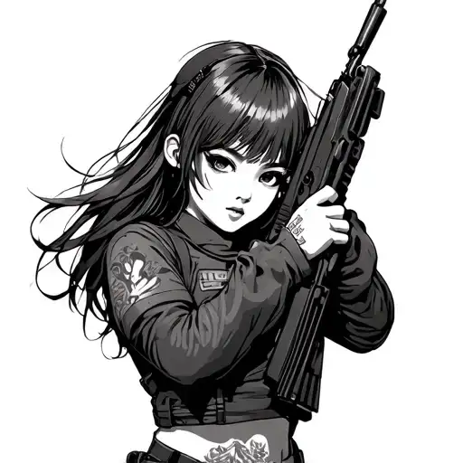 Anime Girl With Automatic Ak 47 In The Form Of Military