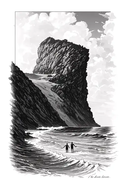 Cliff Top With Sea Underneath And 2 Swimmers