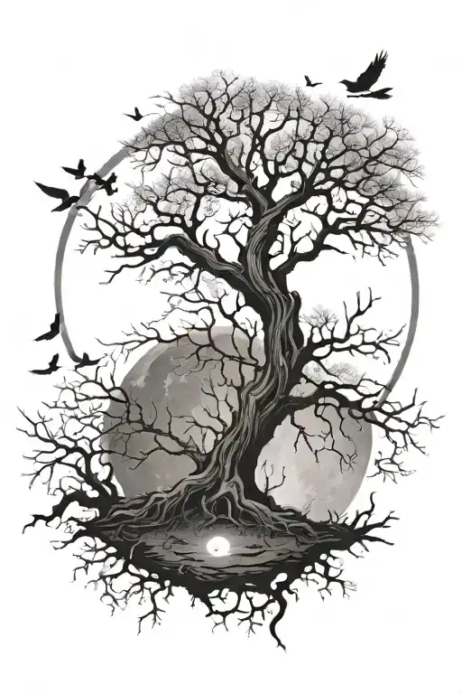 Bare Tree With Birds Flying Around And Tree Roots Under The Ground With A Moon