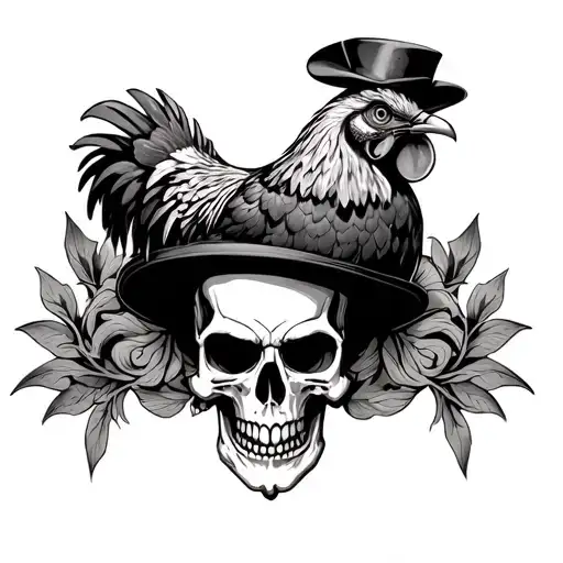 Aggressive Looking Rooster On A Skull And On The Skull I'd The Hat From Willy Wonka