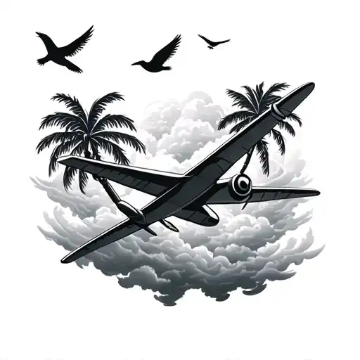 Plane In Clouds With Palm Trees And Birds