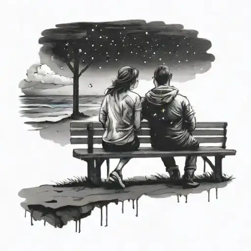 Couple On Bench Looking Out To Sea At Stars Scattered