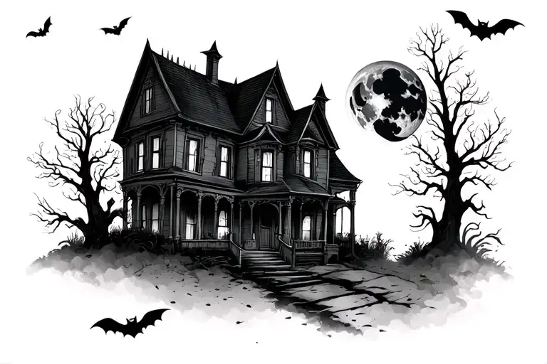 Halloween With Haunted House And Moon
