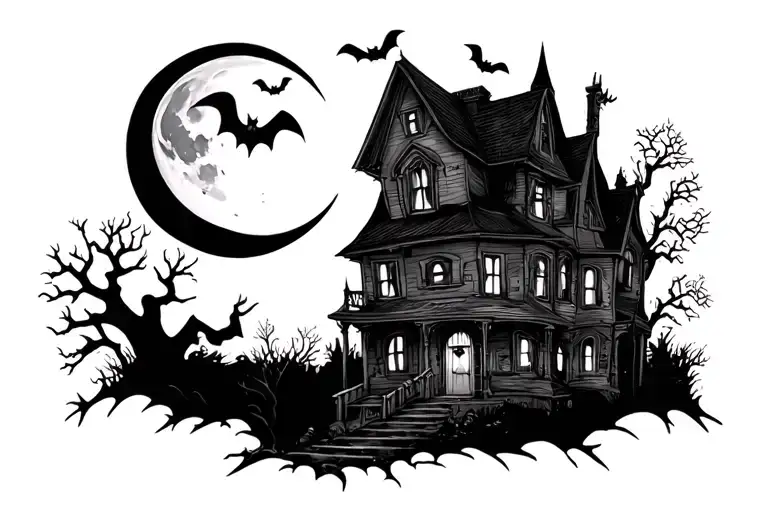 Halloween With Haunted House And Moon
