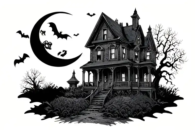 Halloween With Haunted House And Moon