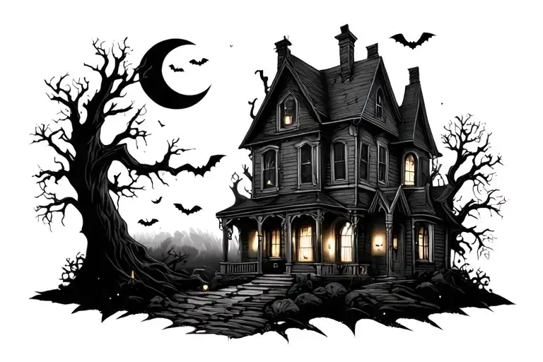Halloween With Haunted House And Moon