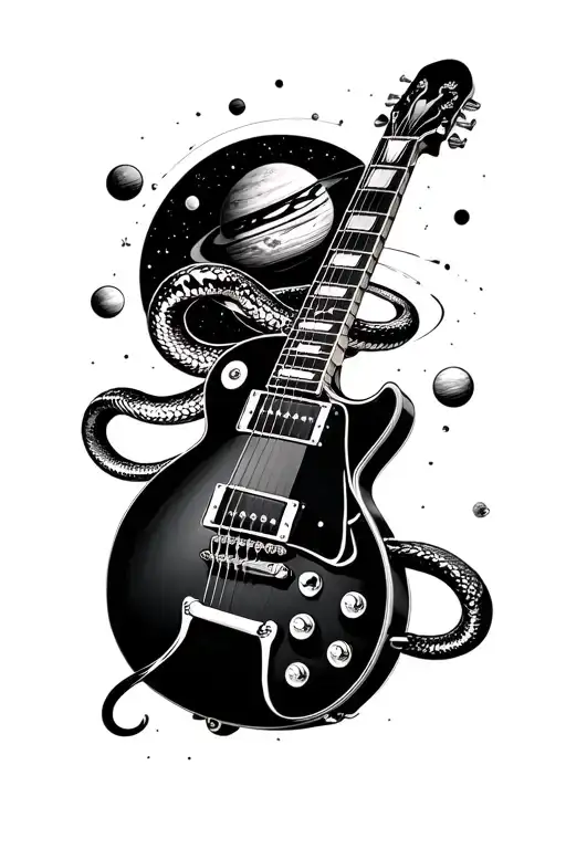 Les Paul Guitar With Snake Wrapped And Planets Orbiting
