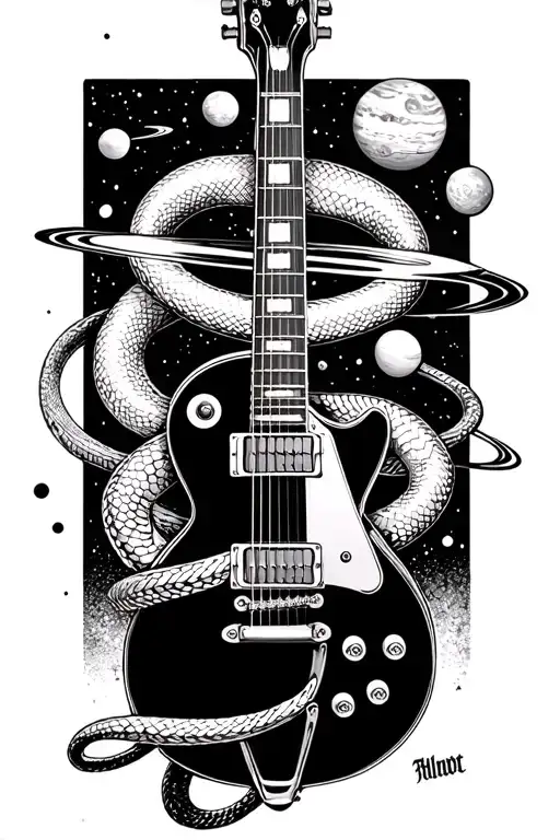 Les Paul Guitar With Snake Wrapped And Planets Orbiting