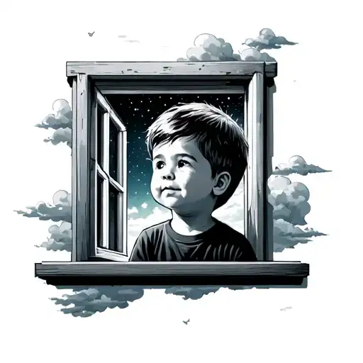 Kid Looking Out Window Facing Night Sky Clouds