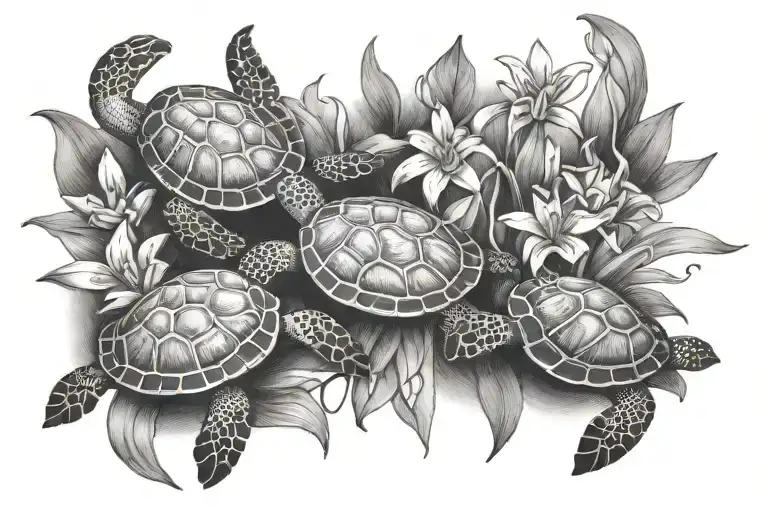 Lily Flower And 3 Small Sea Turtles